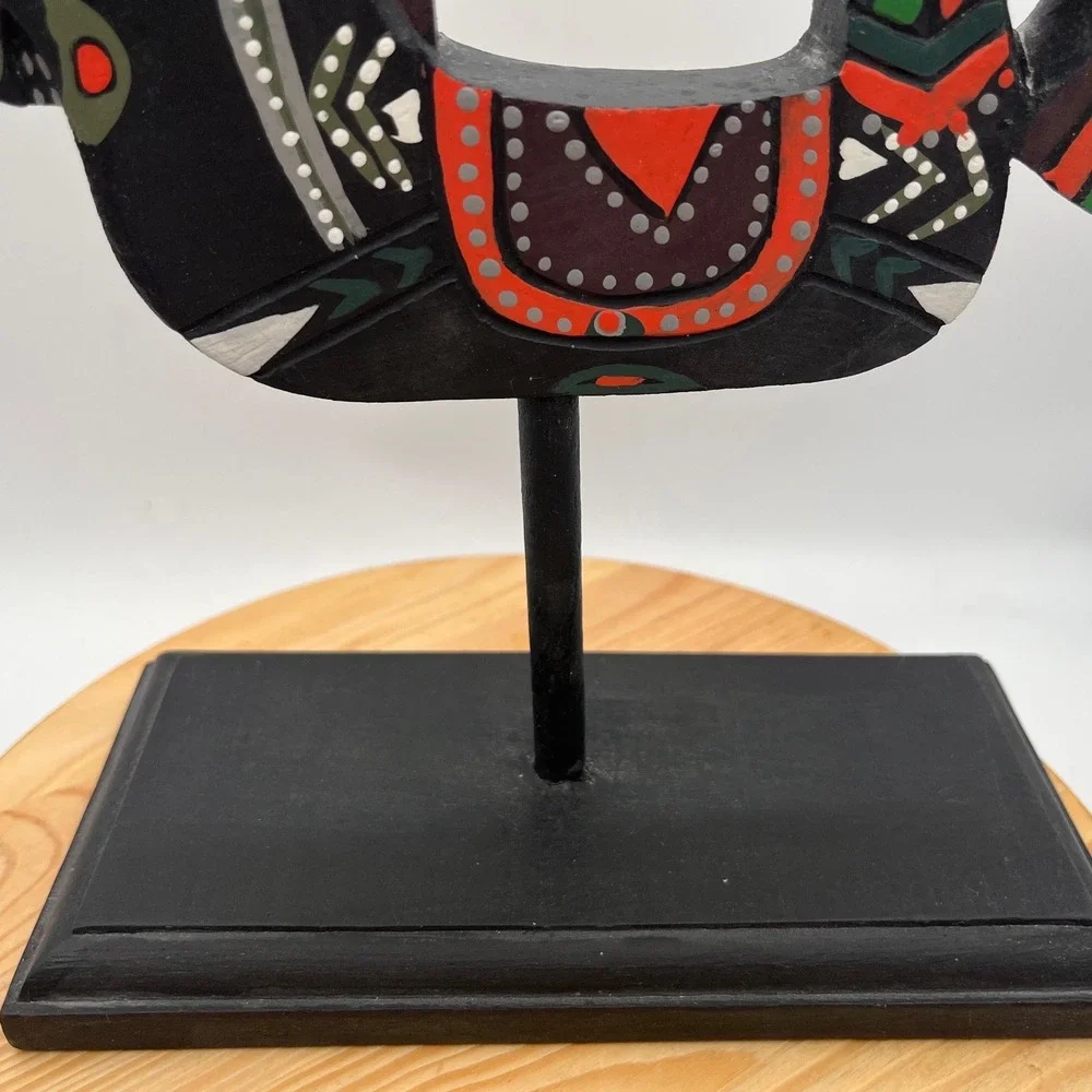 Painted Wooden Horse Folk Art Figurine on Black Pedestal Stand Pier 1